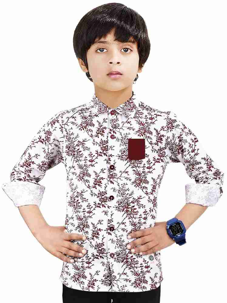 MADE IN THE SHADE Boys Floral Print Casual White Maroon Shirt