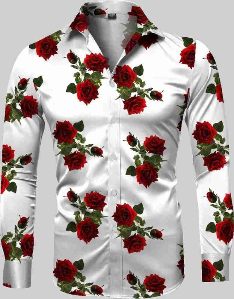 Red Flowers Print Pure Cotton Mens Shirt, HS2373
