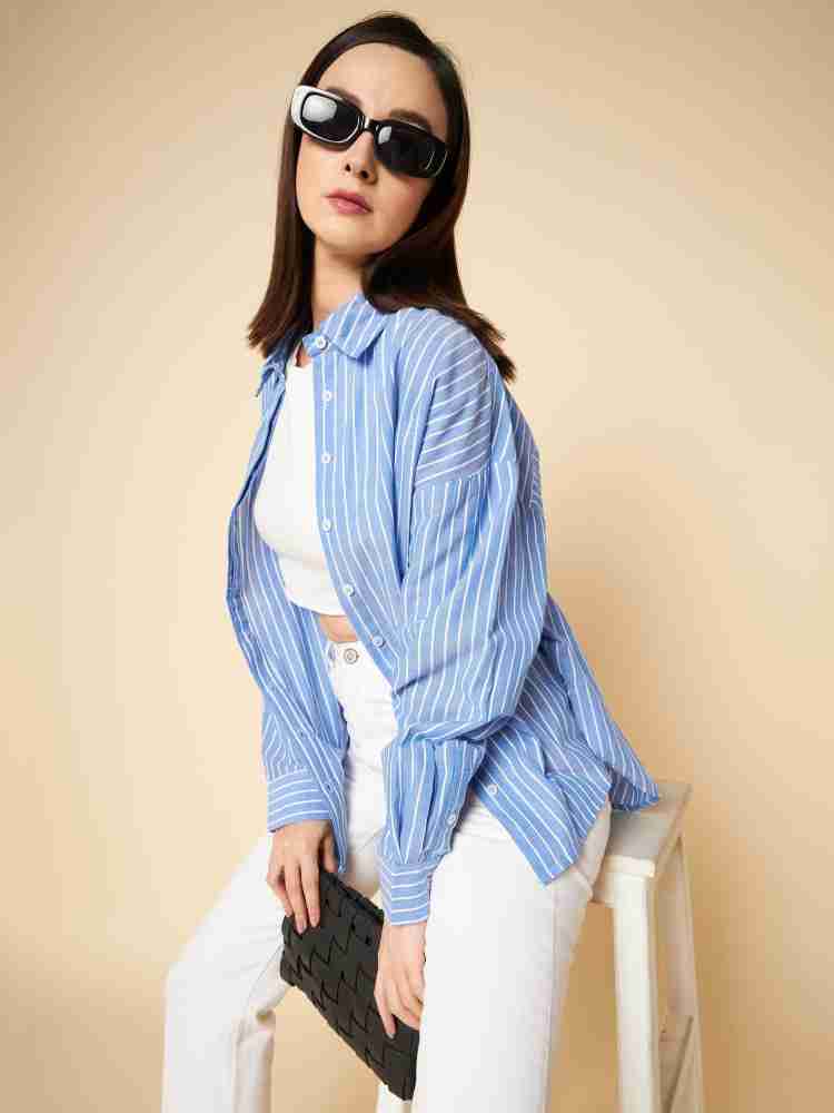 High Star Women Striped Casual Light Blue White Shirt