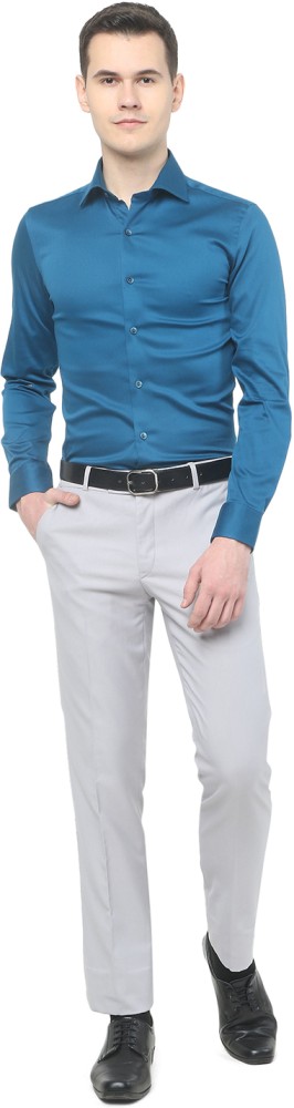 Buy Wyre Men Solid Peacock Blue Cotton Slim Fit Party Wear Shirt online