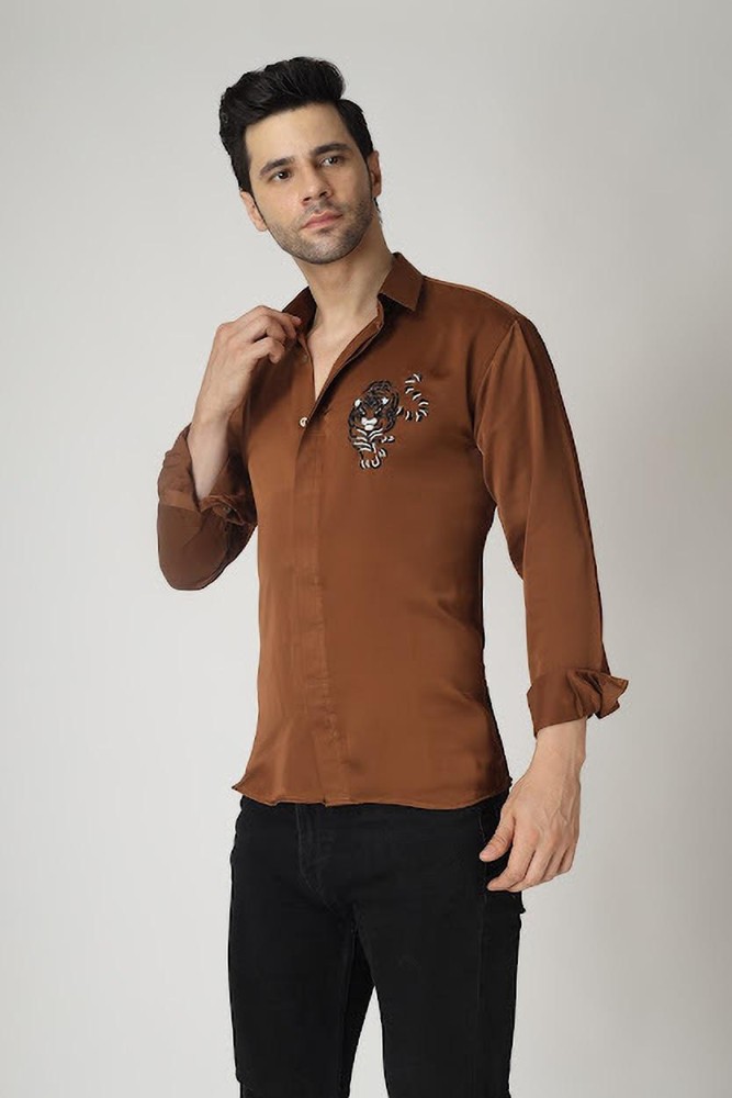 Fiddos Men Embellished Casual Brown Shirt