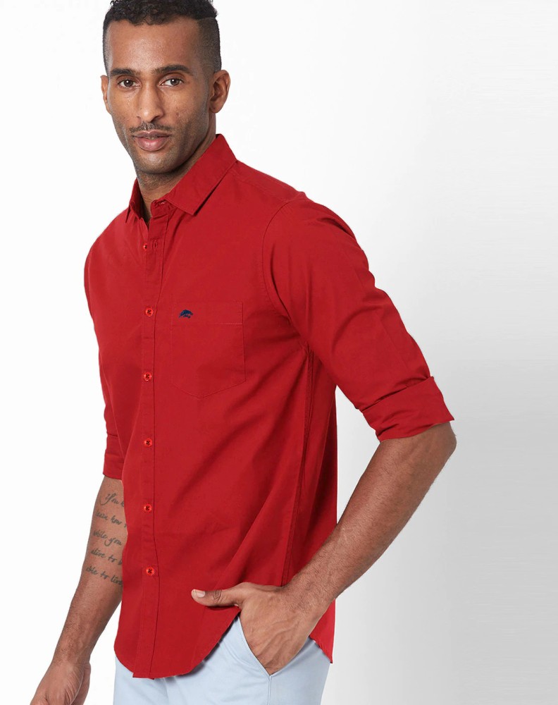 Solid red button online down shirt