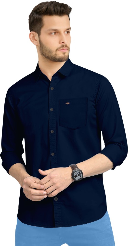 Bare Denim Navy Solid Casual Full Sleeves Regular Collar Men Slim Fit Shirt size 2XL