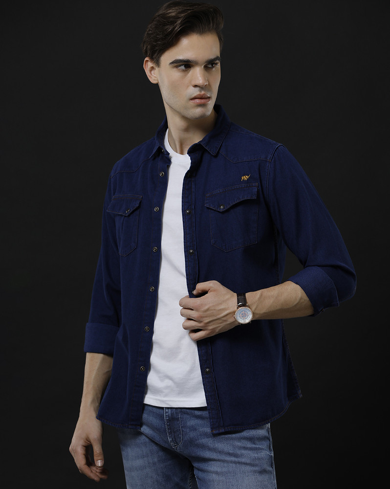 TEMPLE OF DENIM Men Solid Casual Dark Blue Shirt - Buy TEMPLE OF DENIM Men  Solid Casual Dark Blue Shirt Online at Best Prices in India | Flipkart.com