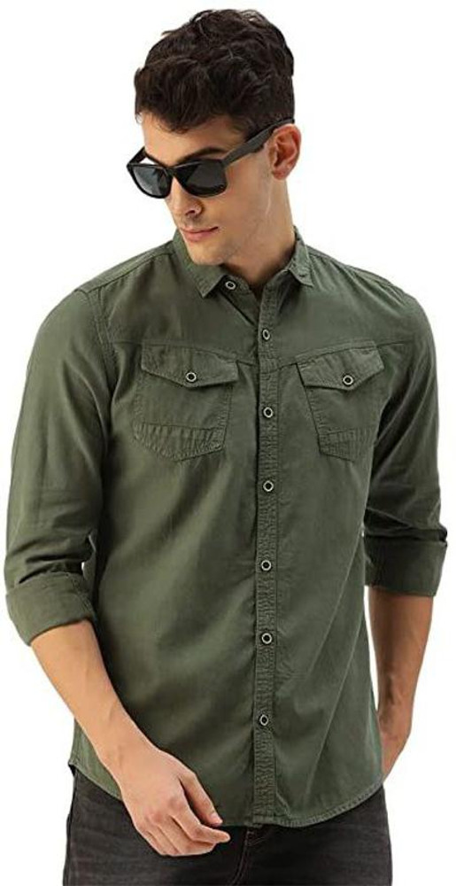 Army green denim shirt sales