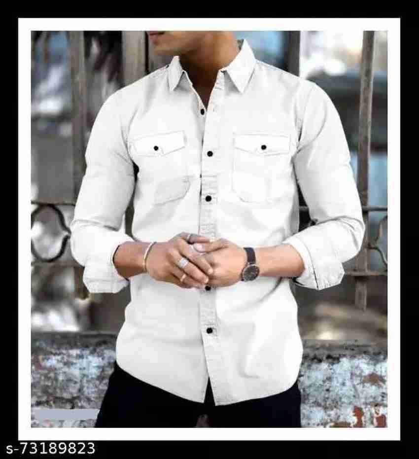 Men Slim Fit Solid Spread Collar Double Pocket Casual Shirt