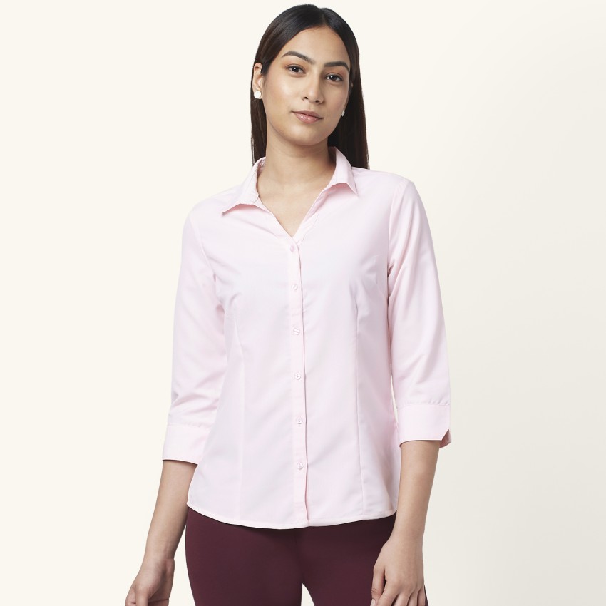 Button Down Shirts for Women, Fitted Long Sleeve Tailored Shirt Blouse  (X-Small, Pink) 