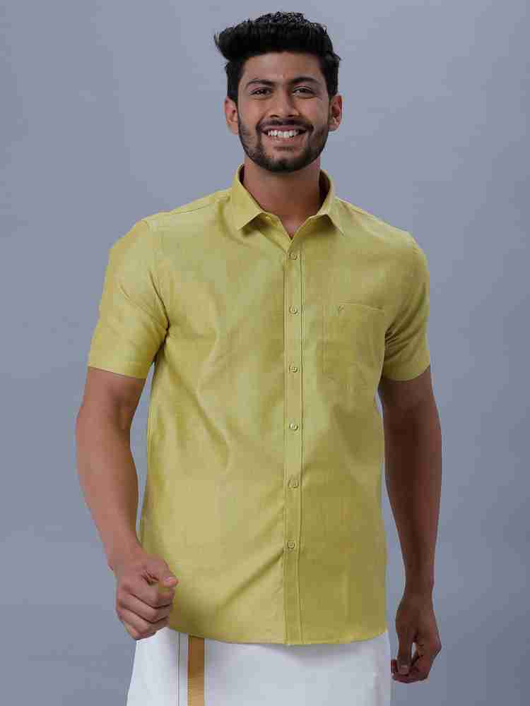 RAMRAJ COTTON Men Yellowish Green Solid Half Sleeve Shirt (38
