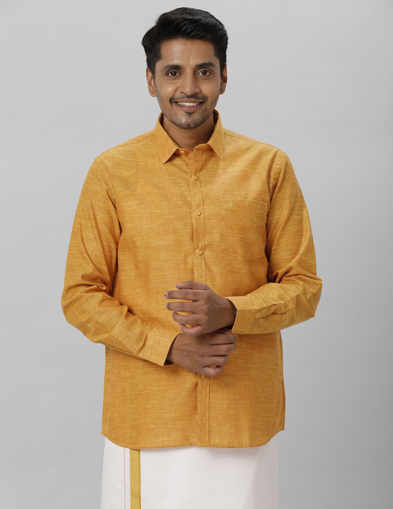 Ramraj Cotton Men Solid Casual Yellow Shirt - Buy Ramraj Cotton