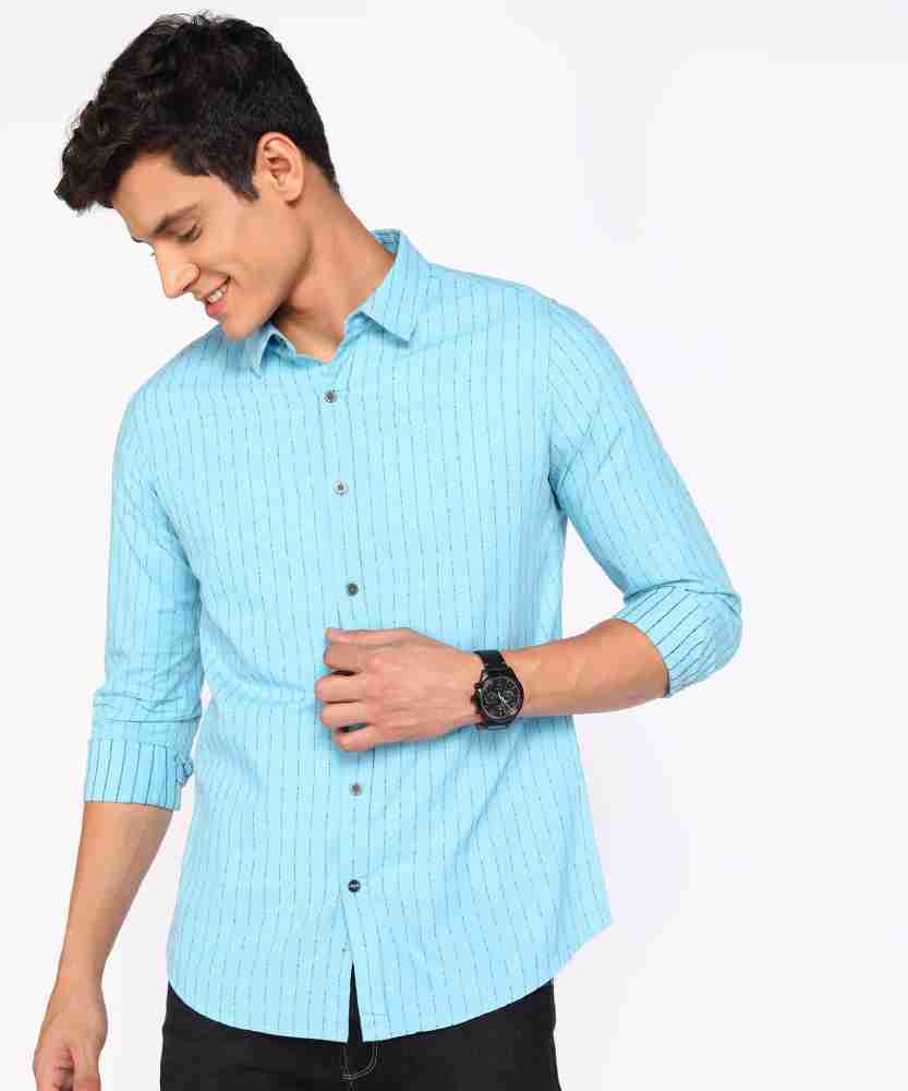 Spykar Ice Blue Cotton Full Sleeve Plain Shirt For Women