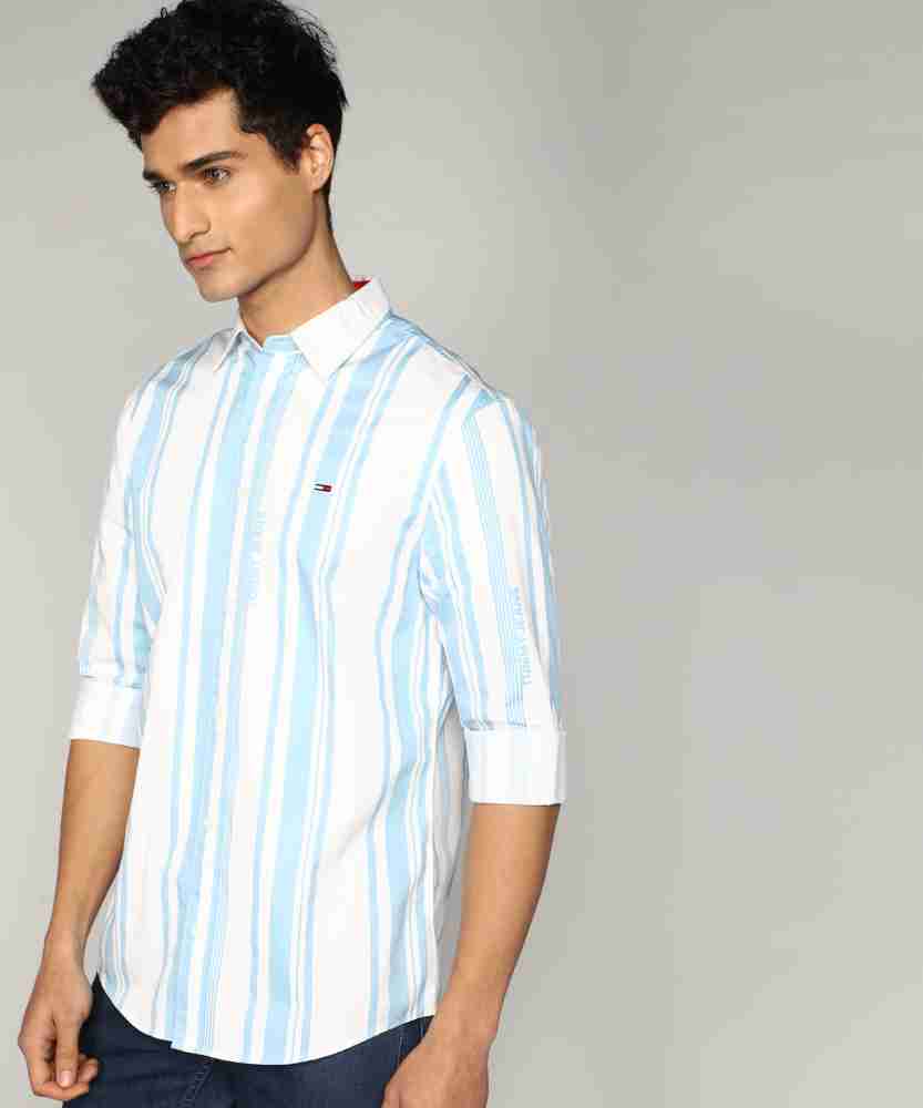 blue and white striped tommy hilfiger shirt