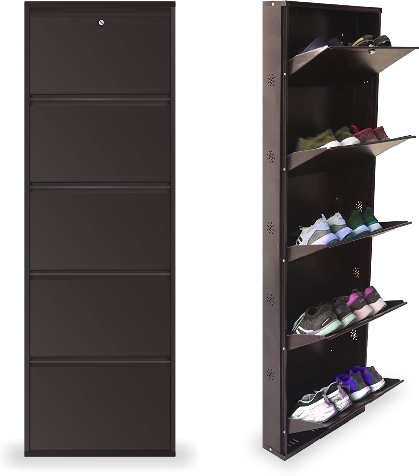 Metal shoe cabinet with outlet doors