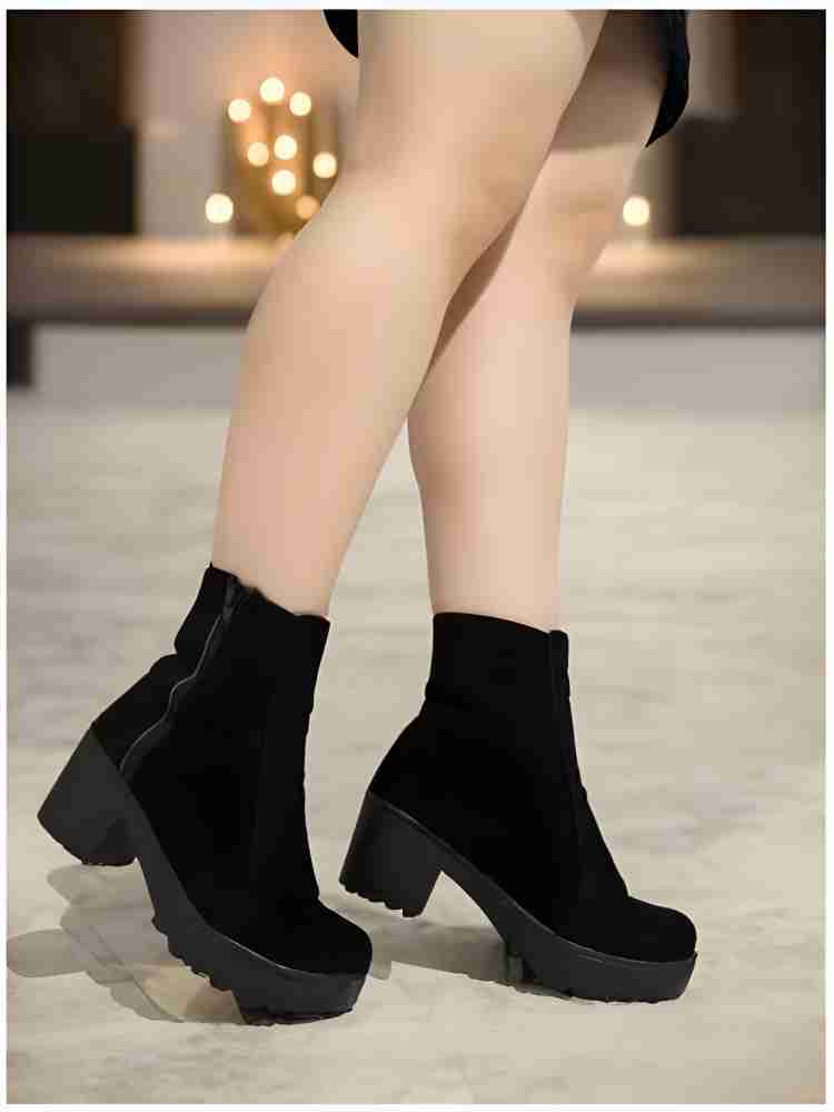 STRASSE PARIS Women's Ankle Length Block Heel Black Stylish and Fashionable  Boots Side Zip | Boots For Women