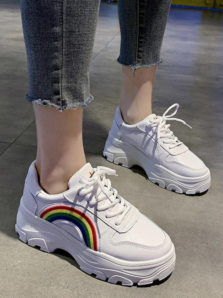 White sneakers sale with rainbow bottoms