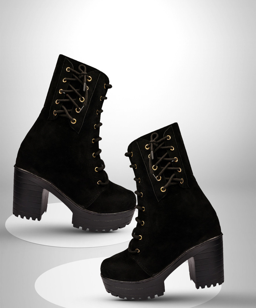 FARHAAD Women Black Suede Lace up Calf Length Boots Boots For Women