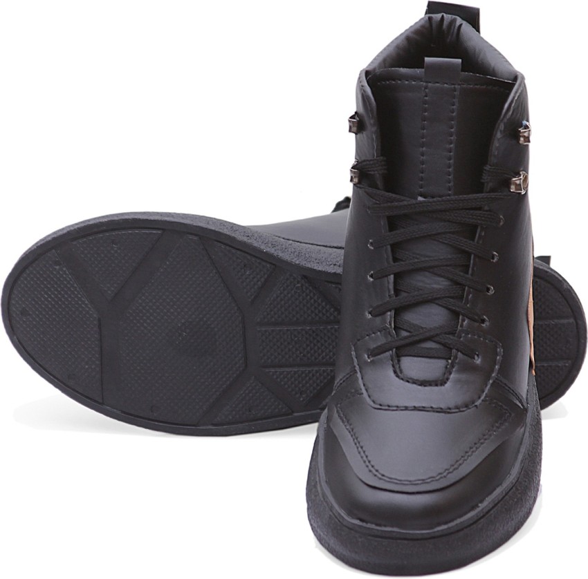 Mens black leather store high top trainers