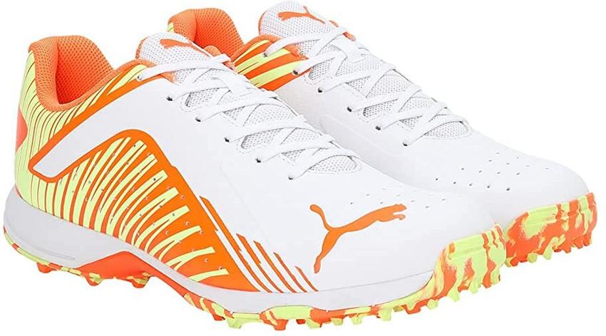 PUMA Mens 22 FH Rubber White Ultra Orange Fast Yellow Cricket Shoe