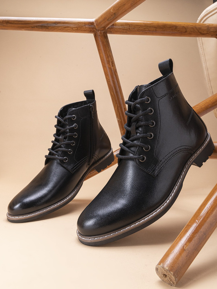 Red tape top black boots