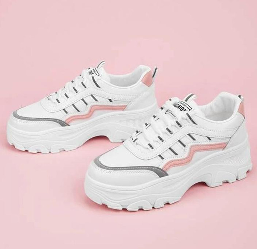 White sneakers sales with pink soles