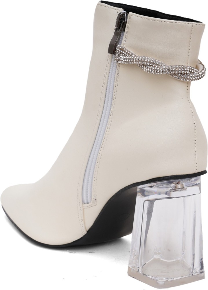 Shuz Touch Solid Embellished Transparent Block Heel Boots White Boots For Women Buy Shuz Touch Solid Embellished Transparent Block Heel Boots White Boots For Women Online at Best Price