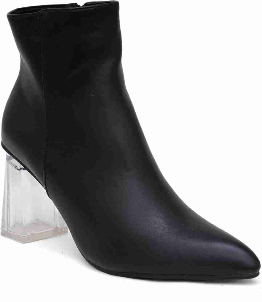 Shuz Touch Solid Transparent Block Heel Ankle Length Boots Black Boots For Women Buy Shuz Touch Solid Transparent Block Heel Ankle Length Boots Black Boots For Women Online at