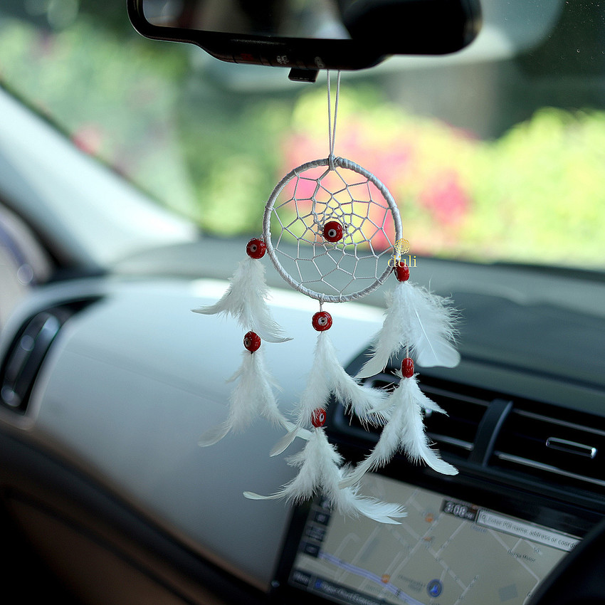 Dream Catcher Car Hanging Evil Eye with White Beads White