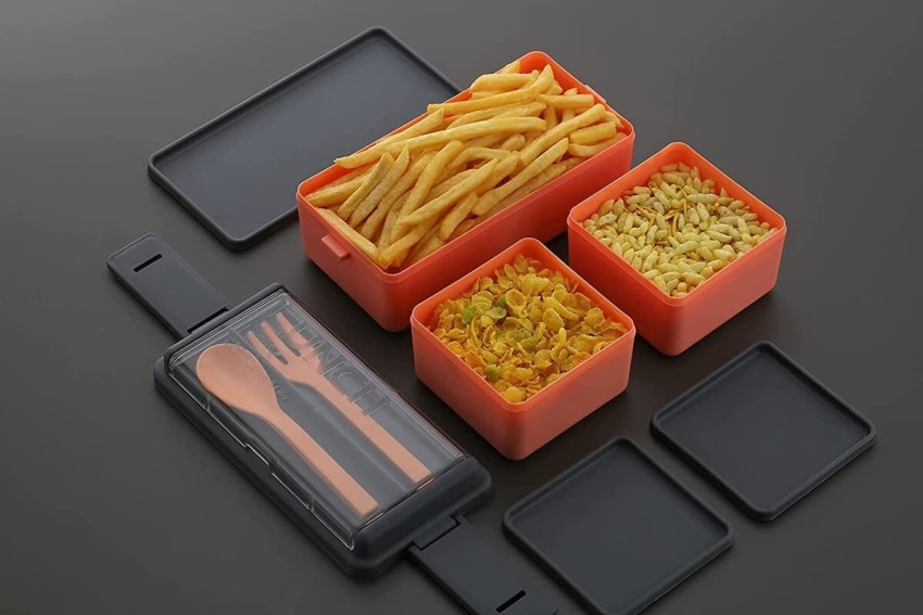 1set Snack Containers with knife and fork, 3 Compartments Bento