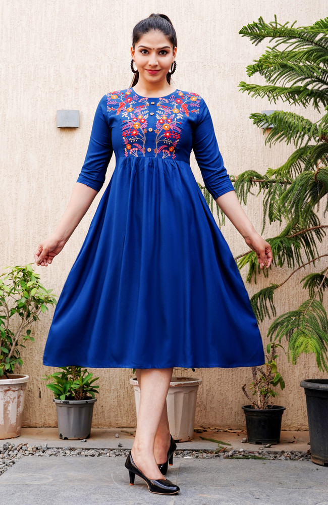 FebQ Women Fit and Flare Blue Dress