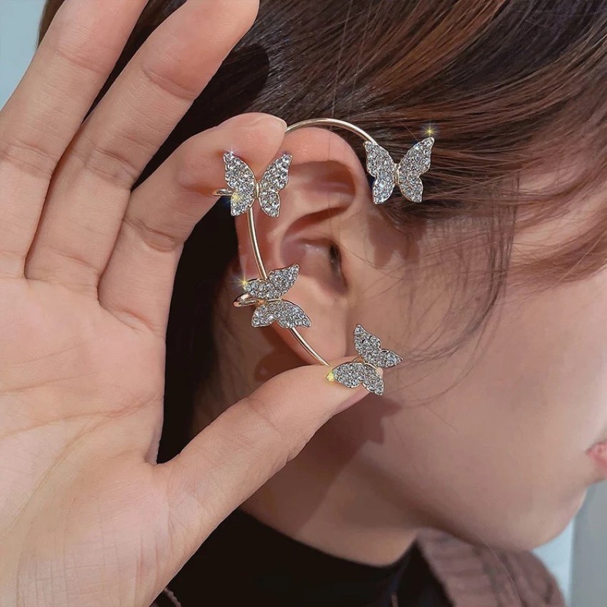 Vembley Korean No Piercing Zircon Butterfly Wrap Crawler Ear Cuff Earrings  2Pcs/Set