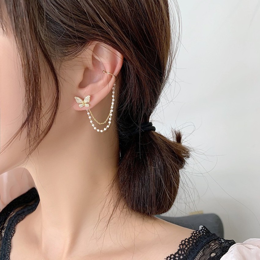 Vembley Fashionable Hanging Cross With Chain Stud Cum Ear Cuff Earrings For  Women And Girls