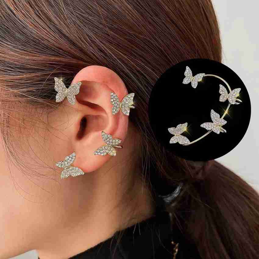 Vembley Korean No Piercing Zircon Butterfly Wrap Crawler Ear Cuff Earrings  2Pcs/Set