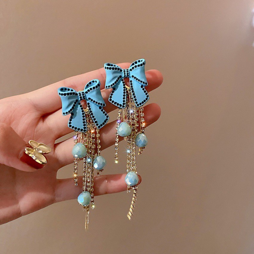 Flipkart.com - Buy ARZONAI Vintage Blue Bow Elegant Cute Long Tassel  Crystals Beads Party Earrings Metal Stud Earring Online at Best Prices in  India