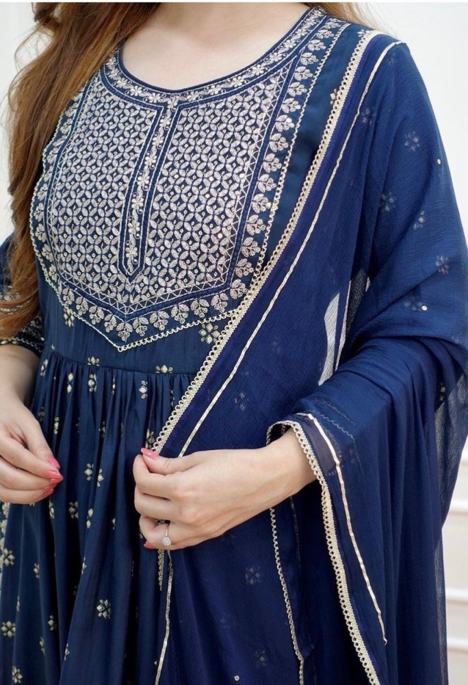 Buy LARVISH FAB Women Blue Embroidered Rayon Kurta, Churidar and
