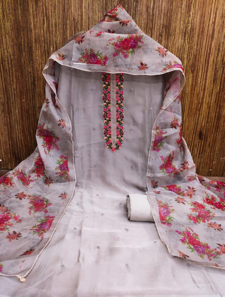 Saubhagyavati Organza Embroidered Salwar Suit Material Price in