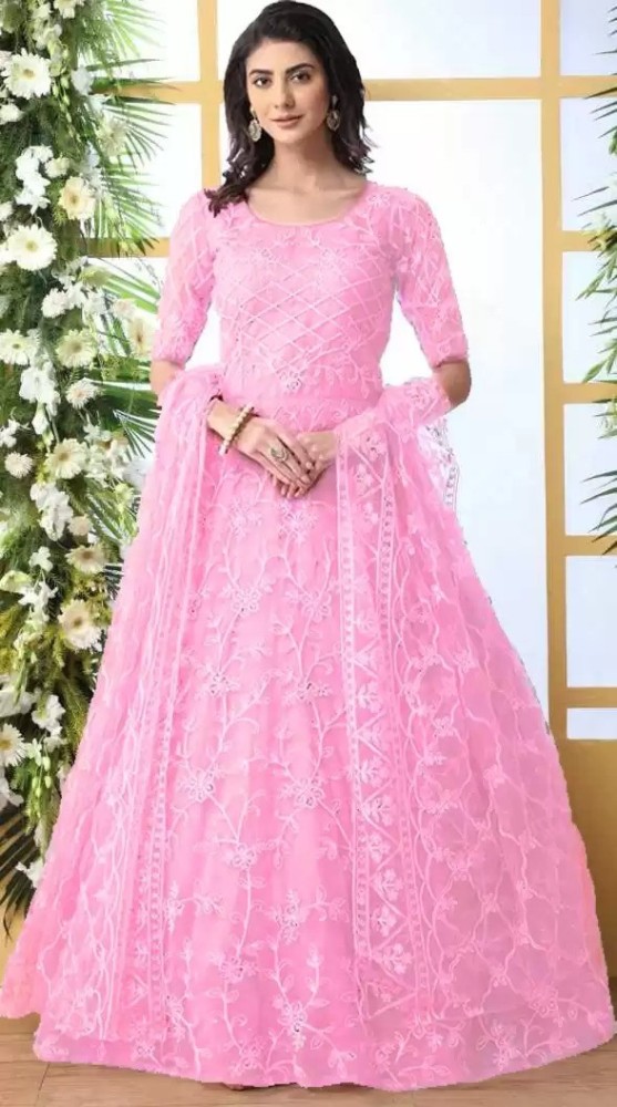 Pink Embroidered Full Sleeves Net Long Gown