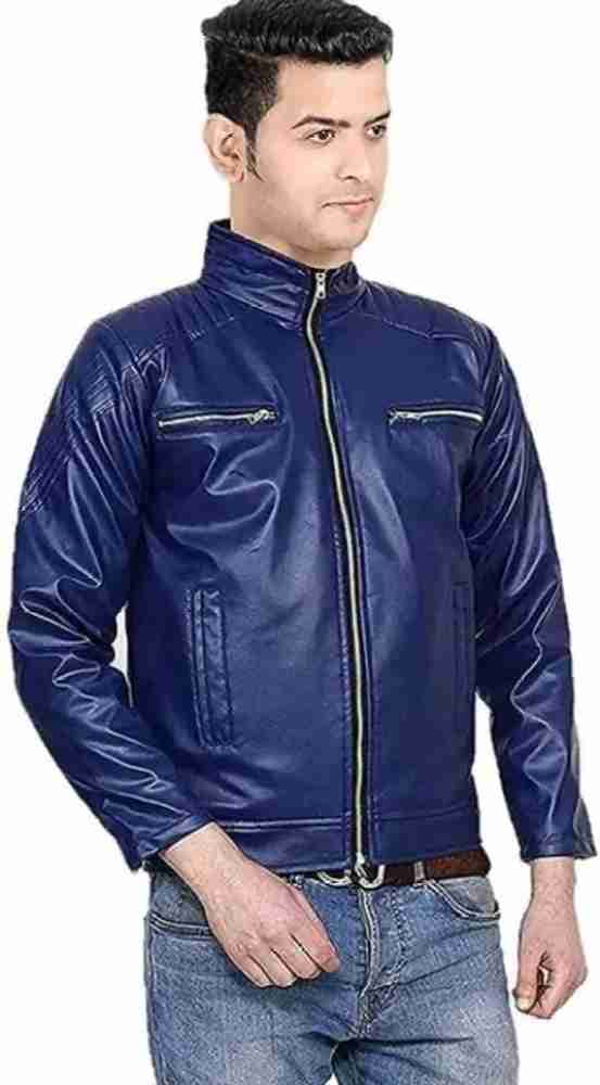 Leather jacket blue colour hot sale