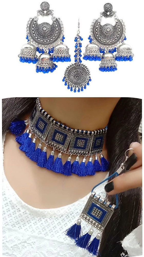 PRASUB Oxidised Silver Alloy Rhodium Blue Jewellery Set Price in