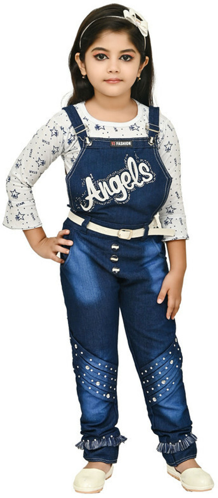 Rania Dresses Dungaree For Girls Casual Printed Denim Price in