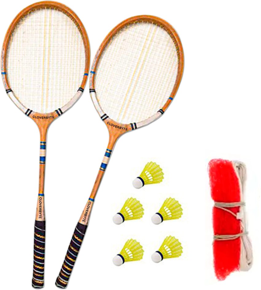 CLOVERBYTE Wood Racket 2 Piece With 5 Shuttles And Badminton Nylon Net Badminton Kit
