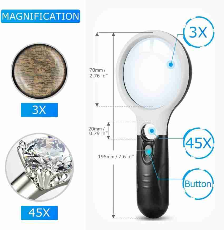 45X Magnifying Glass Handheld Magnifier 3 LED Light Reading Lens