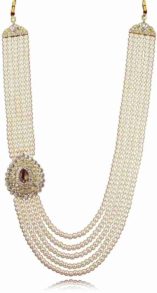 radhe creation Five layers White Beige pearl beads Dulha groom sherwani Necklace for Men Diamond Gold plated Plated Metal Chain Set Price in India Buy radhe creation Five layers White