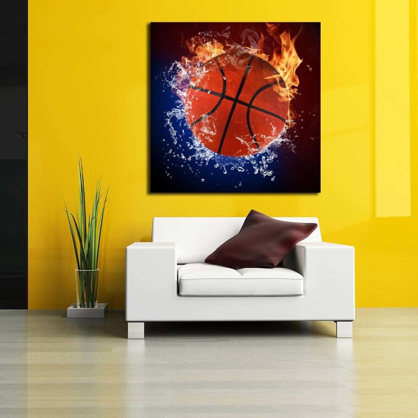 Poster Basketball ball in fire flames and splashing water 