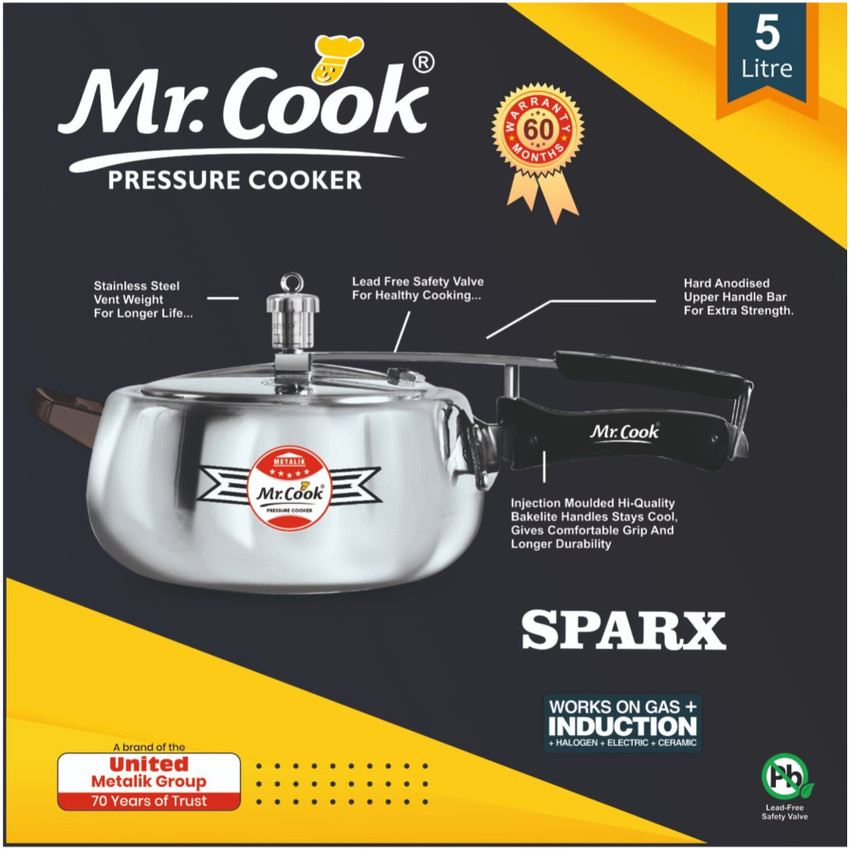 Mr.Cook By United Metalik 5 Litre Stainless Steel Pressure Cooker 5 L Inner Lid Induction Bottom Pressure Cooker Price in India Buy Mr.Cook By United Metalik 5 Litre Stainless Steel Pressure