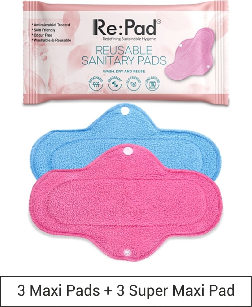 Re:pad Reusable Sanitary Menstrual Cloth Pad Menstrual Hygiene Kit of 3+3  Pads 3 Maxi pads in (Pink) + 3 Super Maxi Pad (Blue) Sanitary Pad, Buy  Women Hygiene products online in India