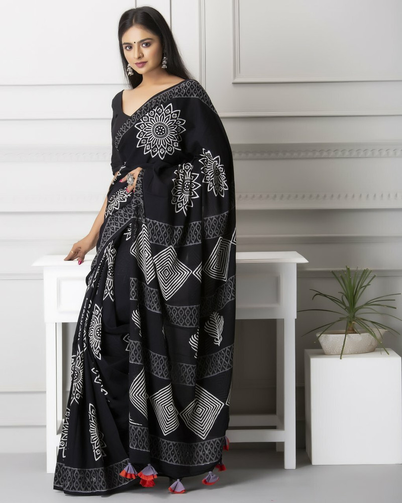Buy JAIPURI BLOCK PRINT Printed Daily Wear Pure Cotton Black White Sarees Online Best Price In India Flipkart