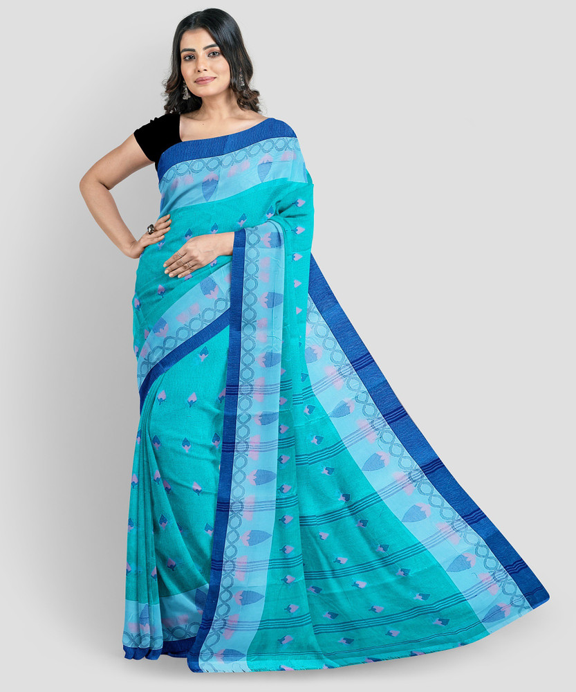 Buy Ganesh plastic and industry Woven Tant Pure Cotton Blue Sarees