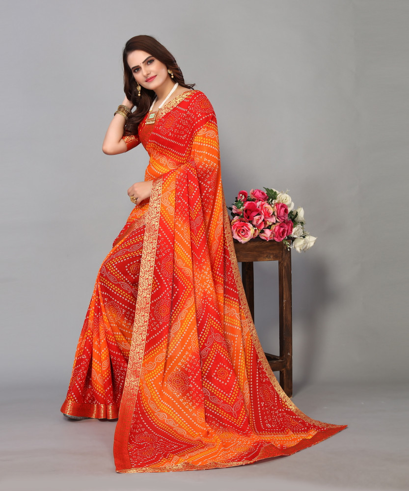 YASHIKA Printed Bandhani Georgette Lace Saree