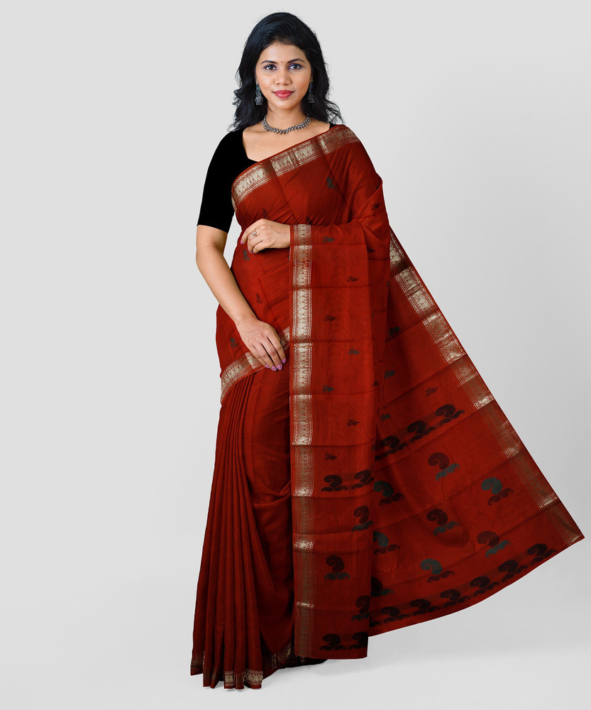 Buy FavShop Woven Baluchari Pure Cotton Orange Sarees Online