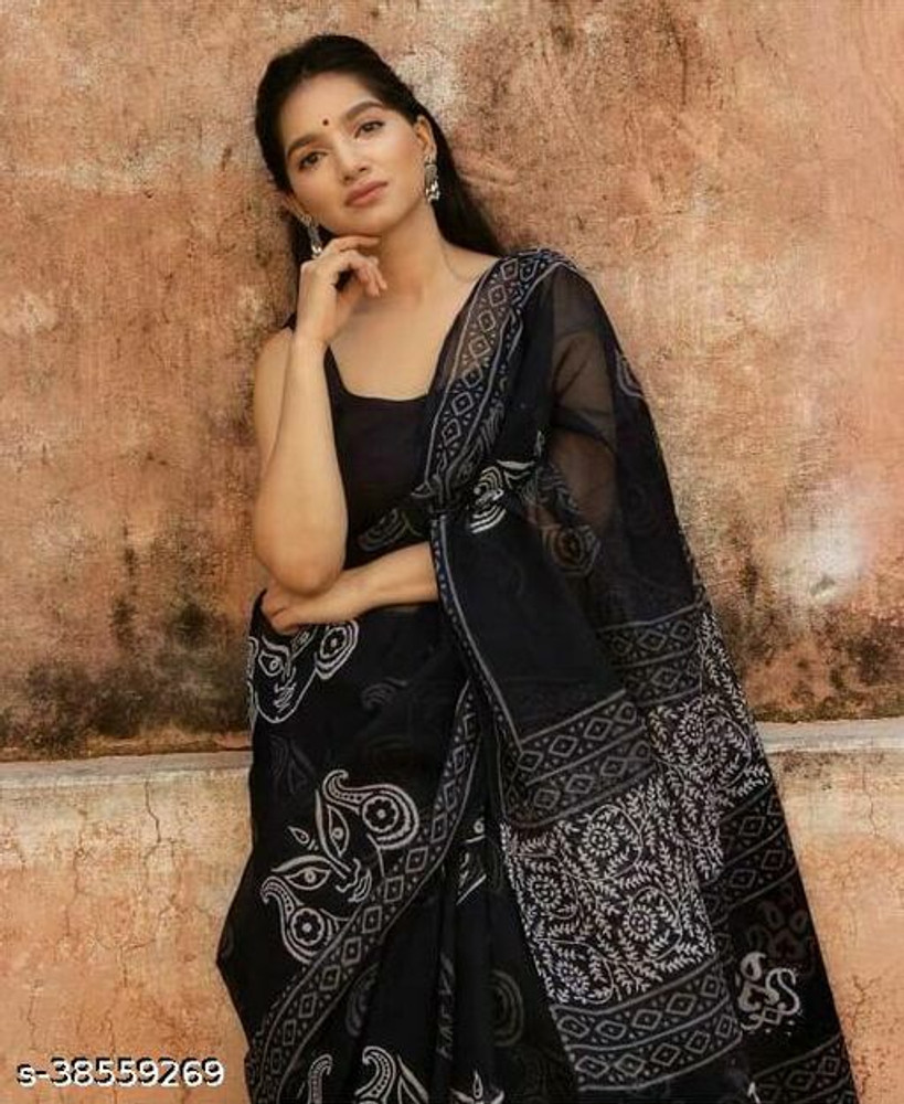 Buy NIKHILAM Printed Daily Wear Pure Cotton Black Sarees Online