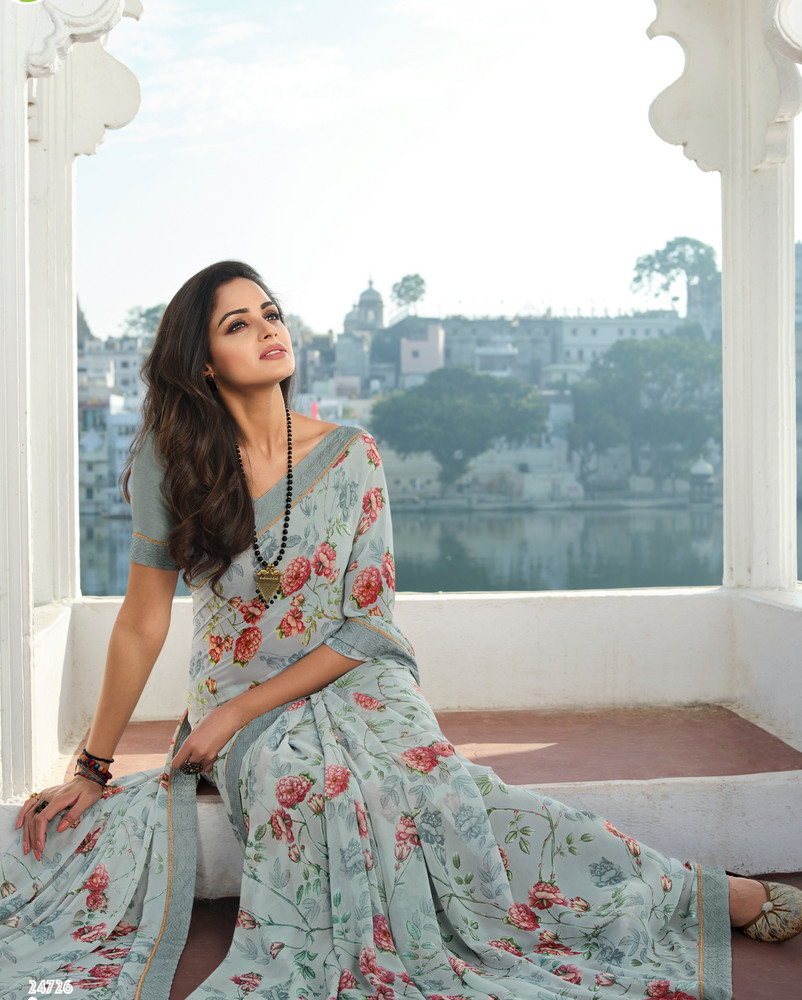 Buy VIRHAN Printed Bollywood Georgette Chiffon Grey Sarees Online Best Price In India Flipkart